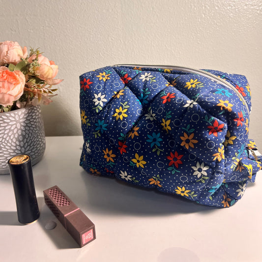 Blue Flower Makeup Bag and Organizer, Quilted, Pouch Cosmetic, Handmade