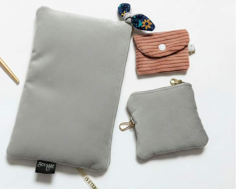 3pcs Her Essentials Kit , Handmade Velvet Set, Gray