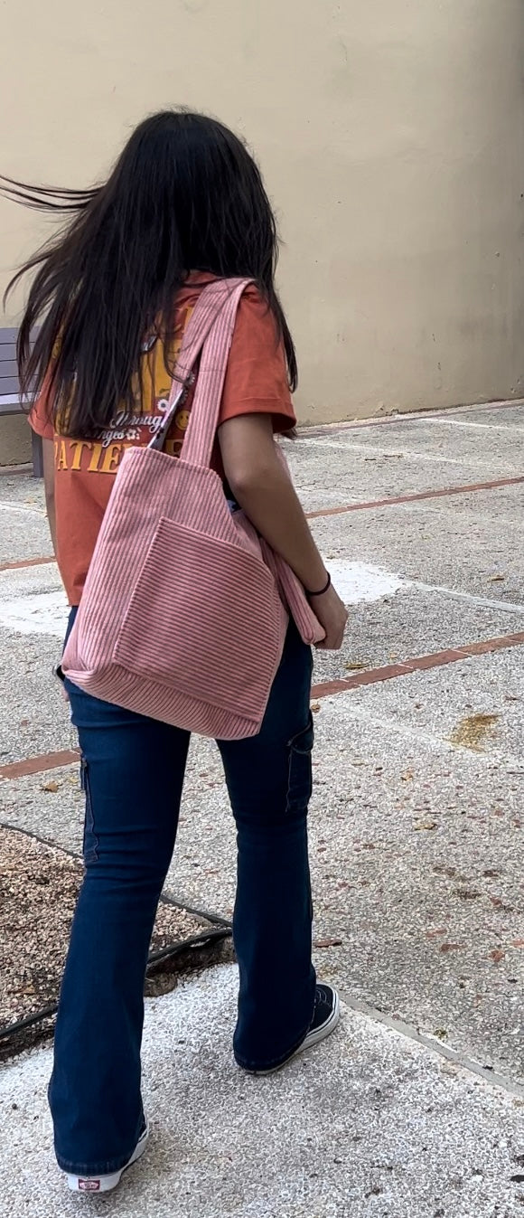 Young student carrying GIGI-BAG handmade reversible 
corduroy tote bag pink everyday use Sandiz Handmade