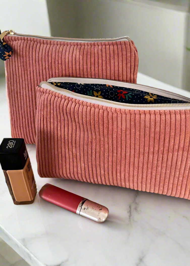 2 PCS Travel Makeup Bag and Organizer, Pouch Corduroy, Light Pink, Handmade