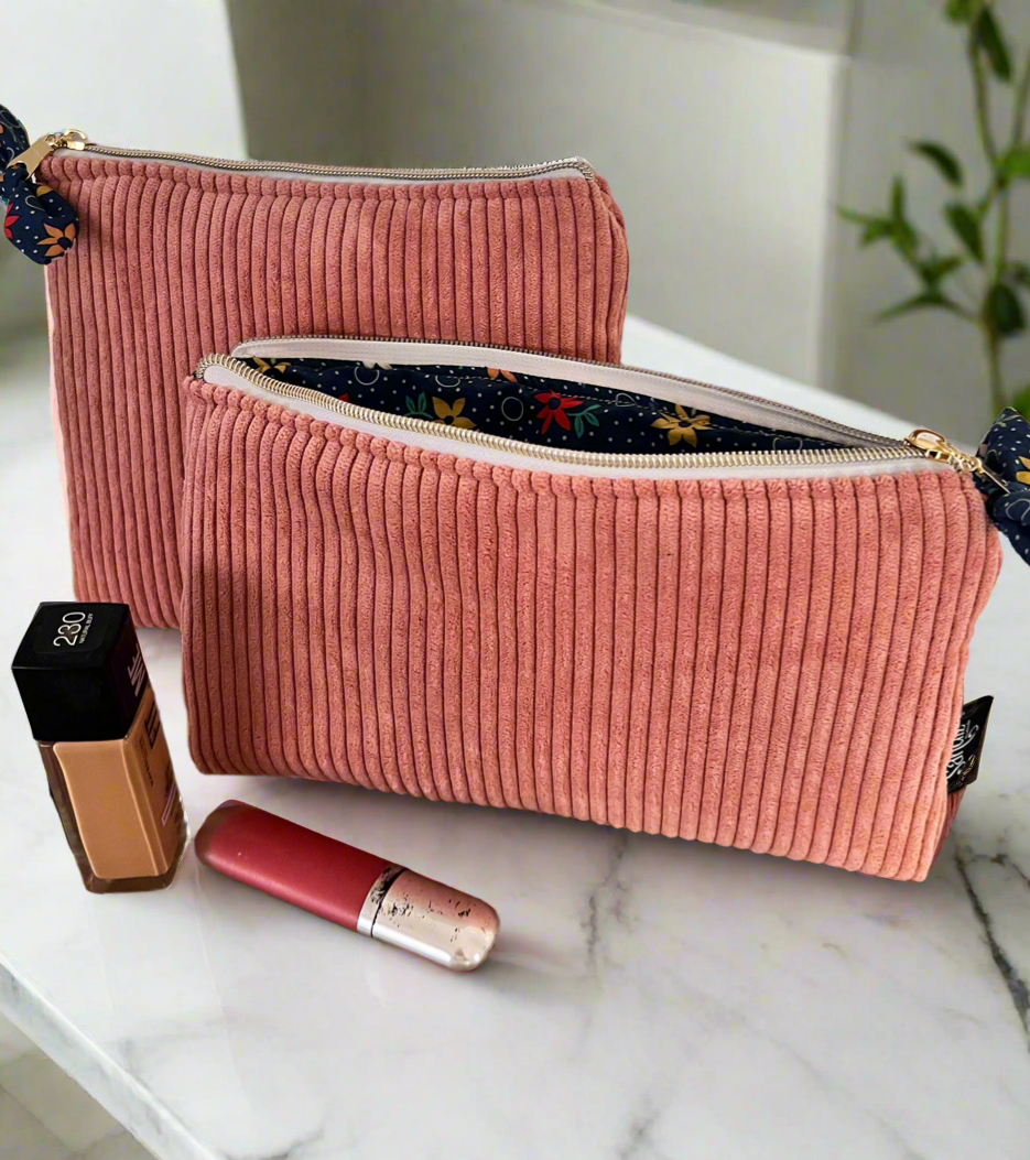 2 PCS Travel Makeup Bag and Organizer, Pouch Corduroy, Light Pink, Handmade