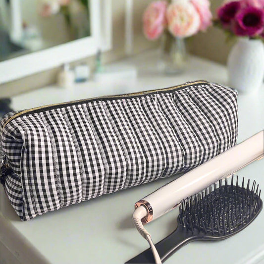 hair accessories bag, flat iron case, dyson hair tool bag, large makeup bag, travel toiletry pouch, handmade cosmetic organizer, quilted hair bag, black and white pouch, oversized toiletry bag, beauty routine travel case