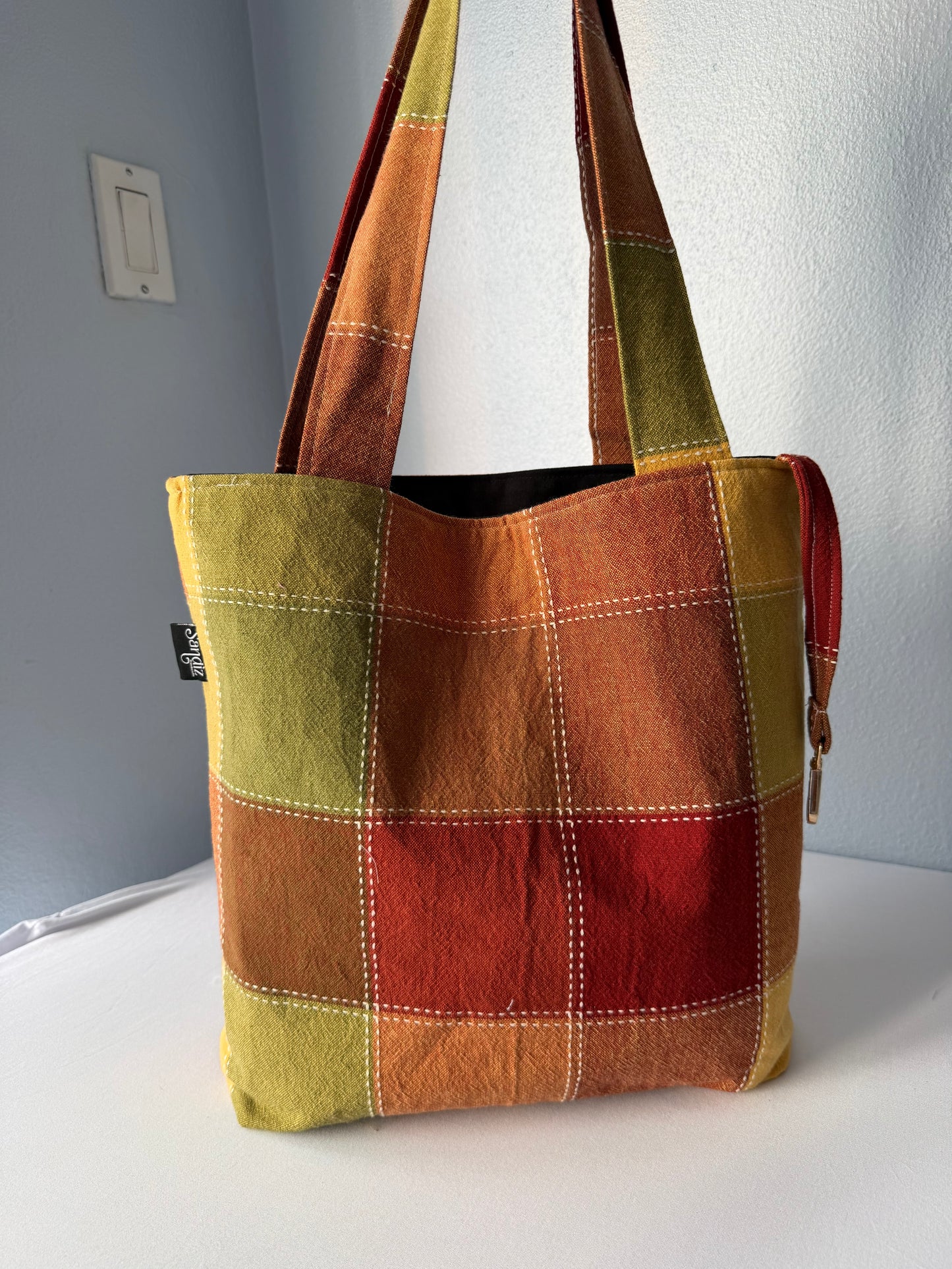 handmade upcycled tote bag in terracotta green and brown