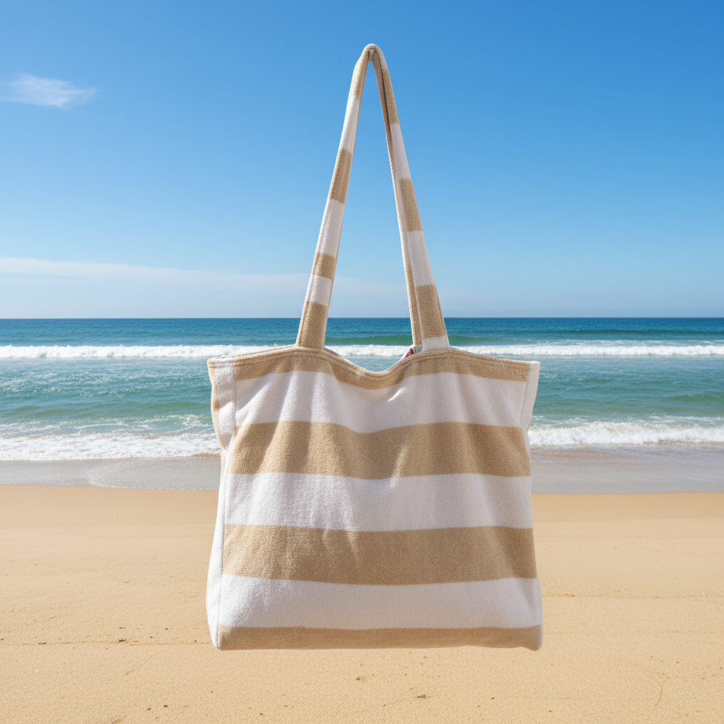 White Sands handmade terry cloth beach tote bag 
white with wide beige stripes 
Sandiz Handmade
