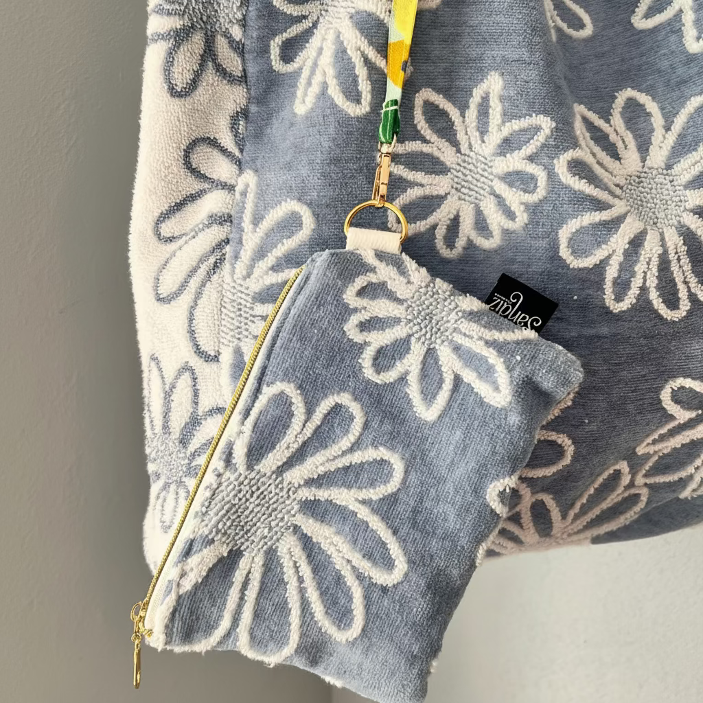 Interior drawstring keychain cord inside Ocean Bloom small pouch, terry cloth beach bag accessory holder