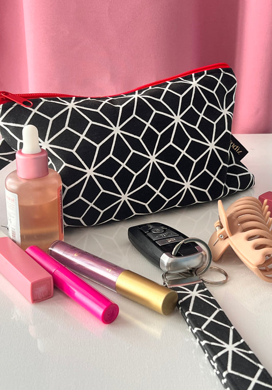 Small Makeup Bag and Wristlet Keychain Set, Black and white Handmade Pouch