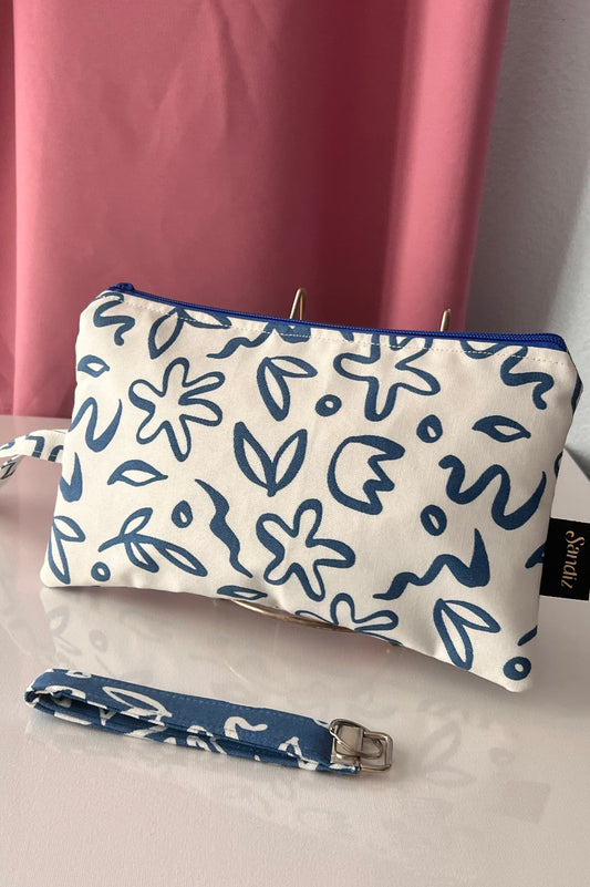 2PCS White and Blue Makeup Cosmetic Bag for women, Bag with keychain, Travel Bag, Zipper Storage Bag, Organizer, Handmade Pouch