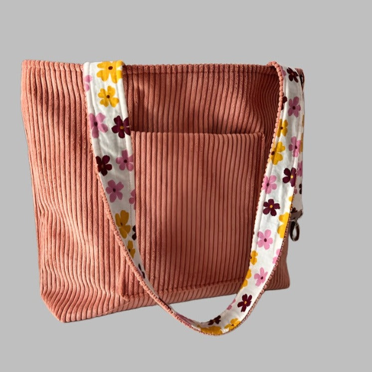 handmade reversible corduroy tote bag 
outside pocket detail light pink , sandiz handmade