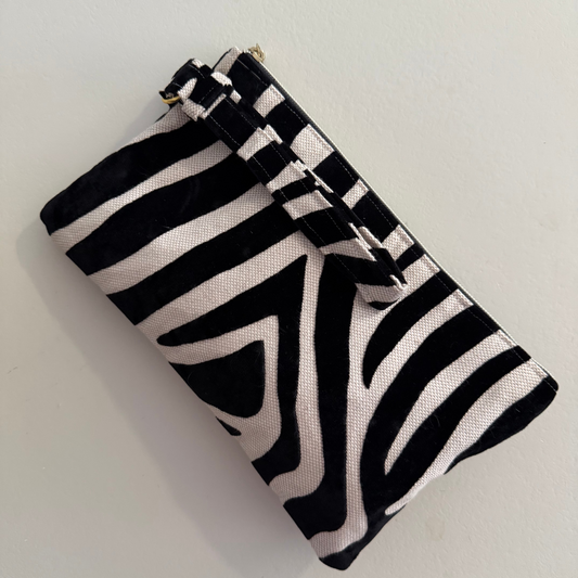 black and beige zebra velvet clutch bag with gold zipper