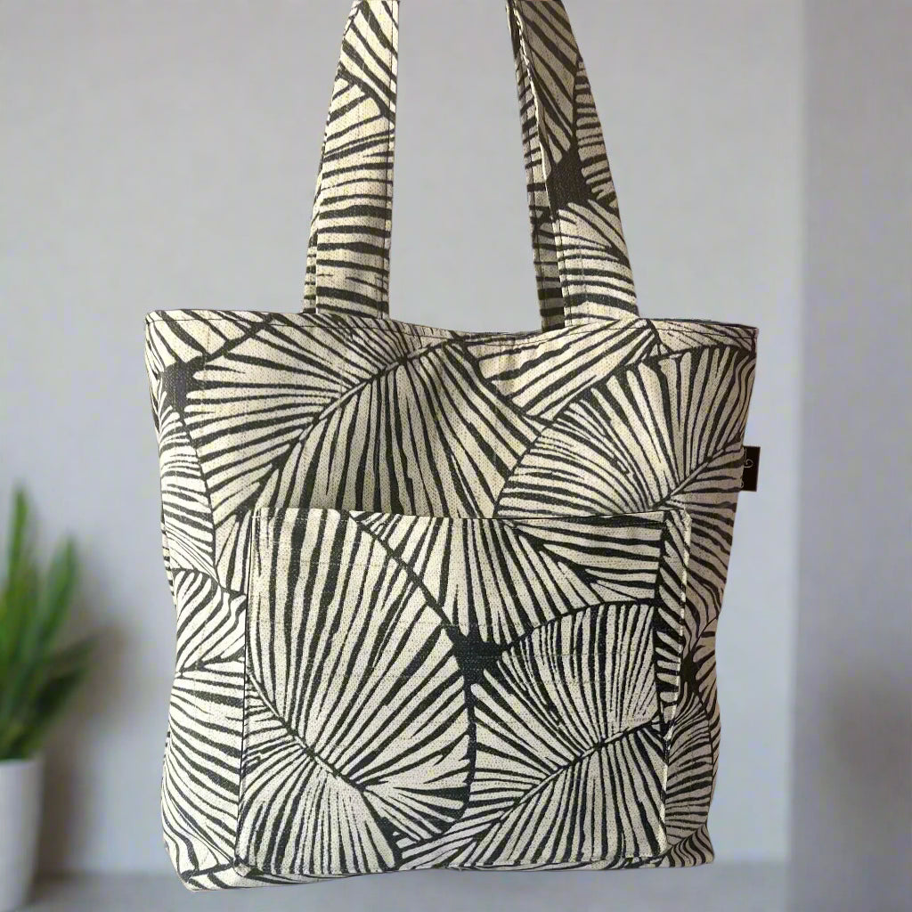 black leaf print tote bag set with matching mini wallet