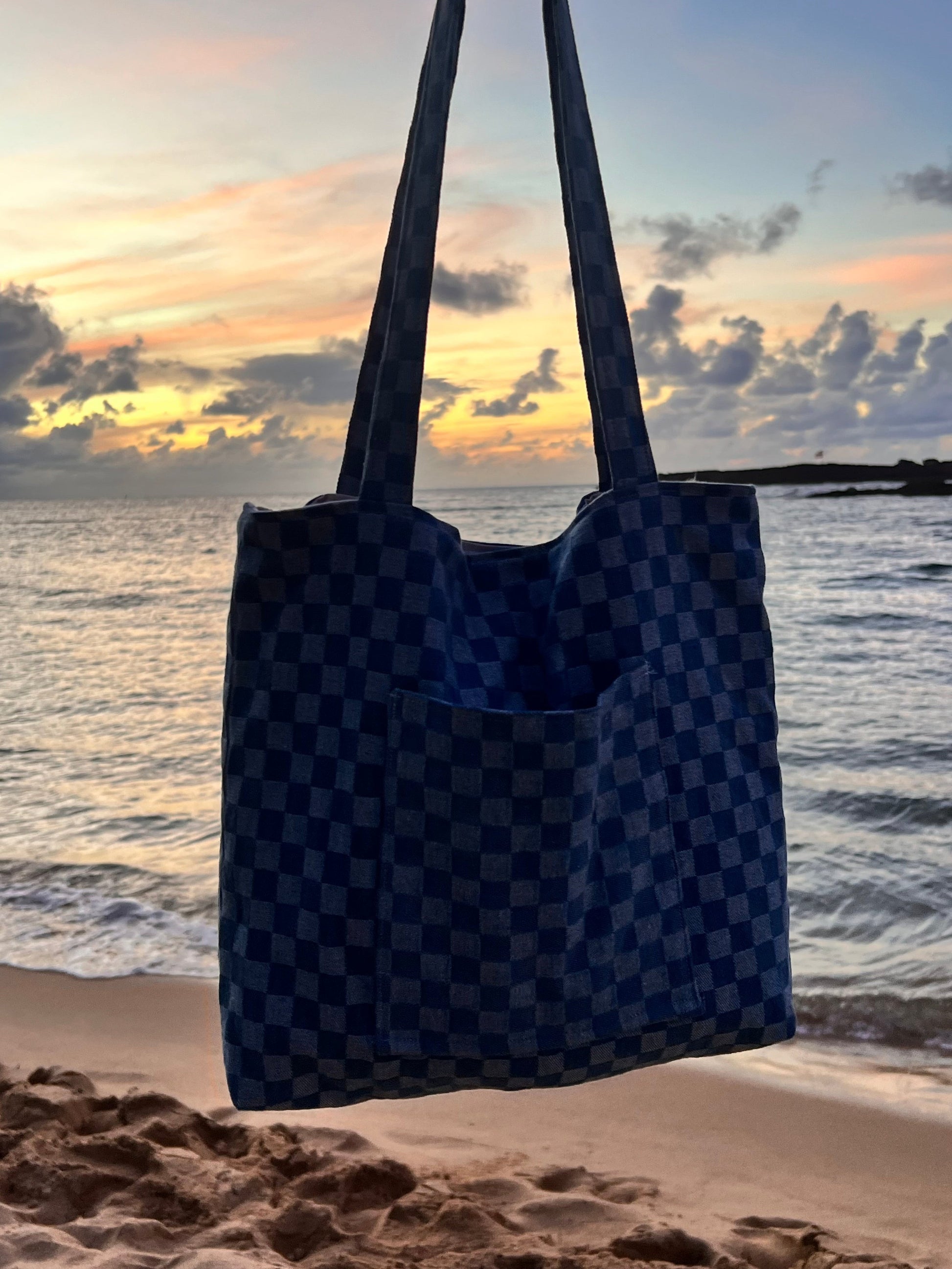 blue checkered denim tote bag handmade by Sandiz