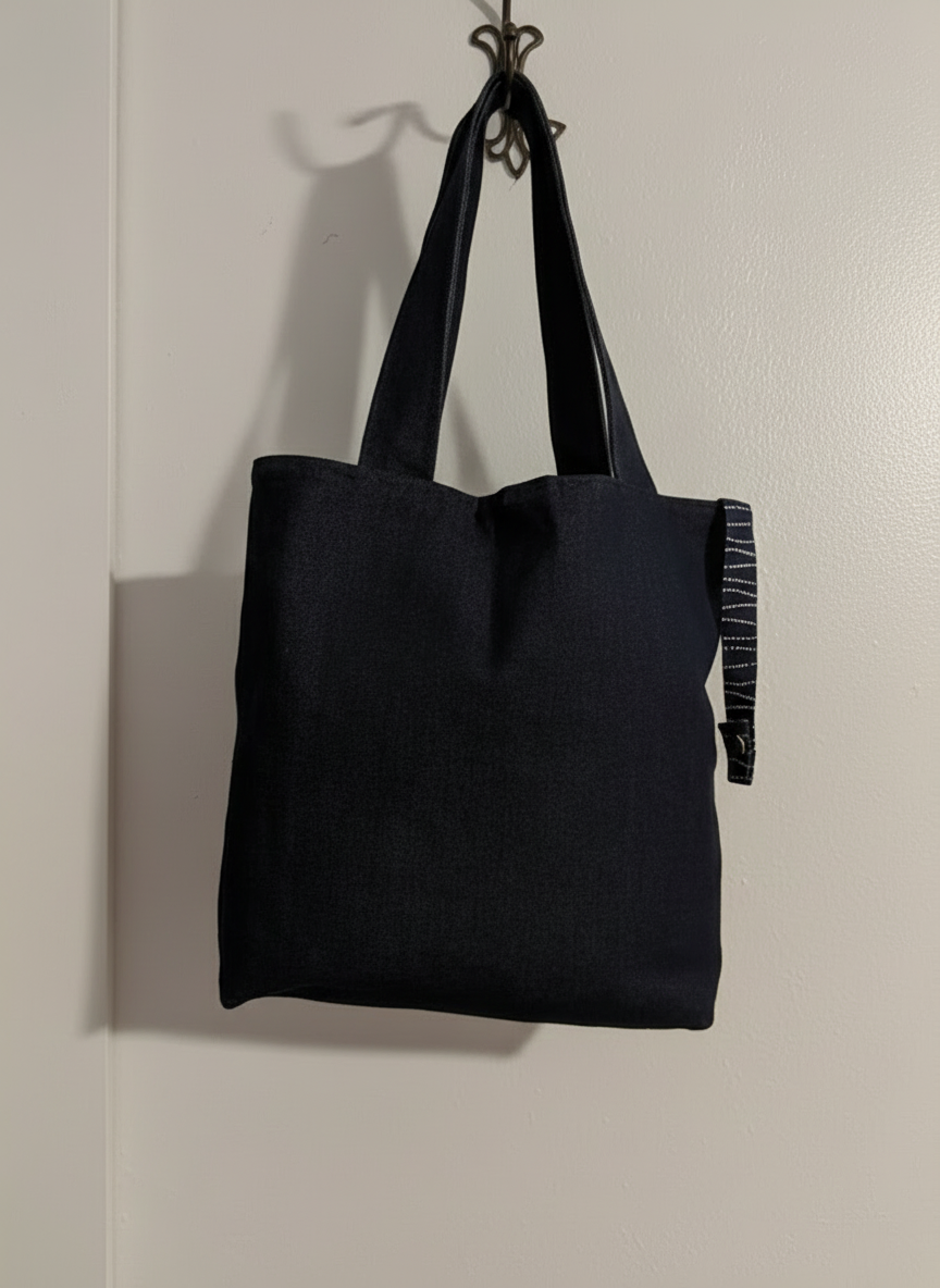 blue denim tote bag with blue and white interior