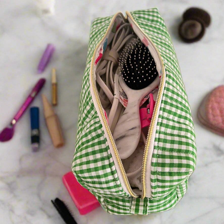 cotton quilted green checkered travel makeup organizer set