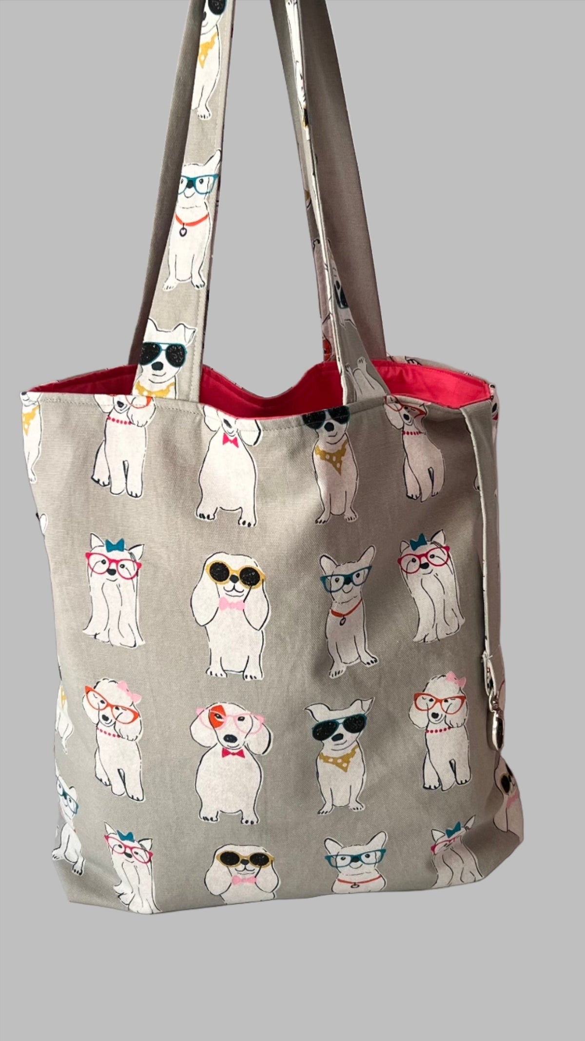 dog print canvas tote holding everyday essentials
