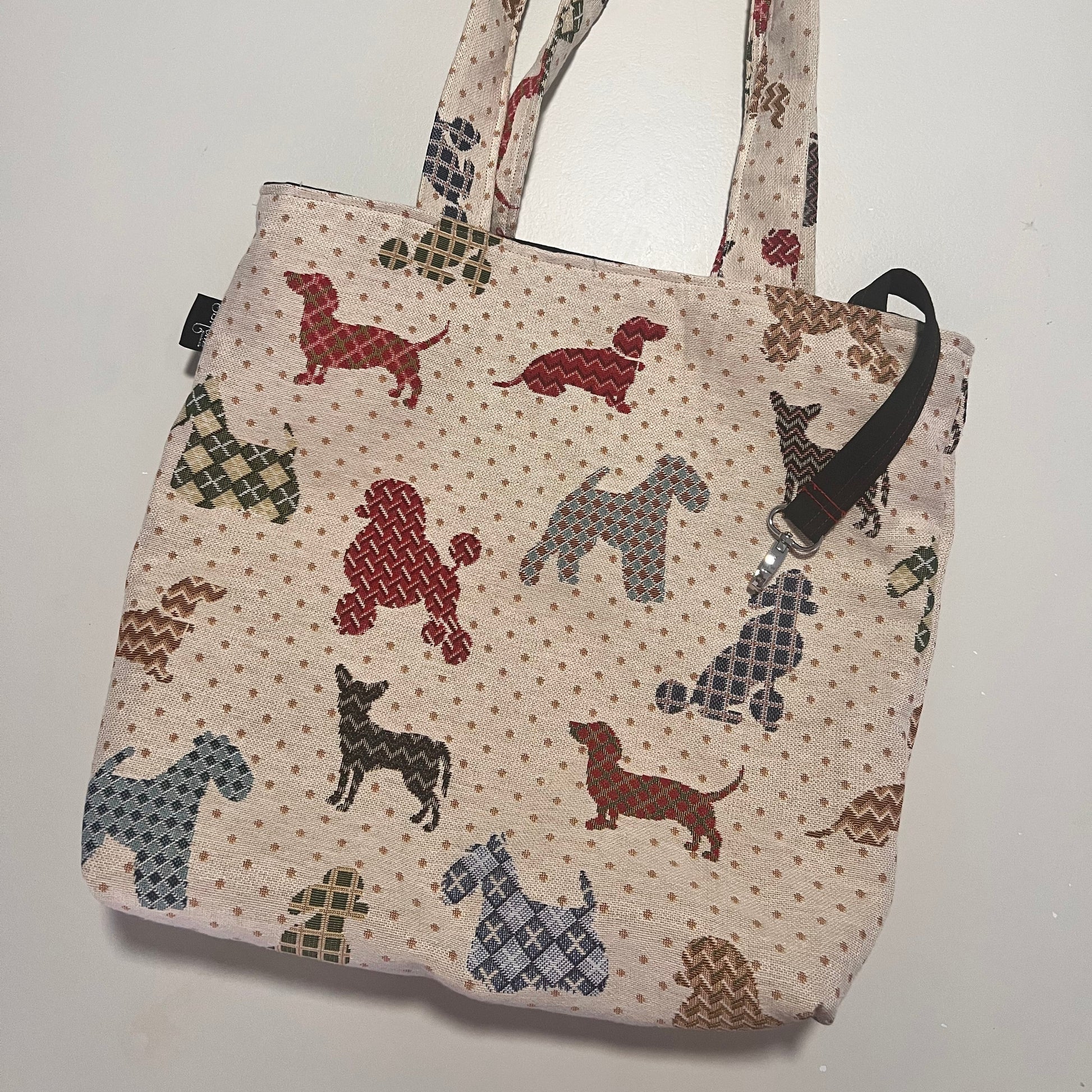 dog print shoulder tote bag shown from the side