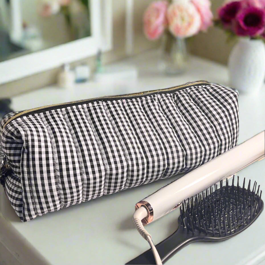 extra large black and white quilted hair tool bag