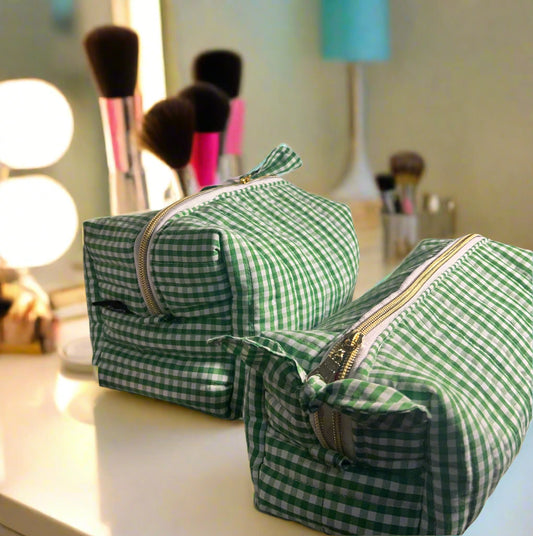 green gingham makeup bag set with matching long organizer