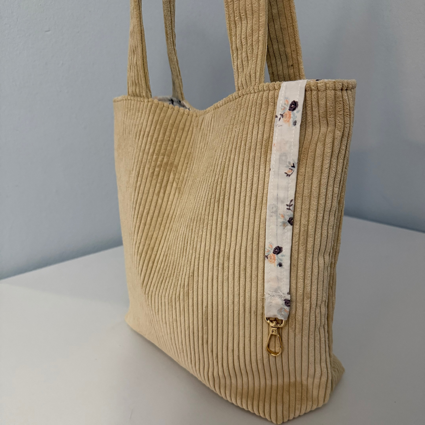handmade beige corduroy shoulder tote bag for women