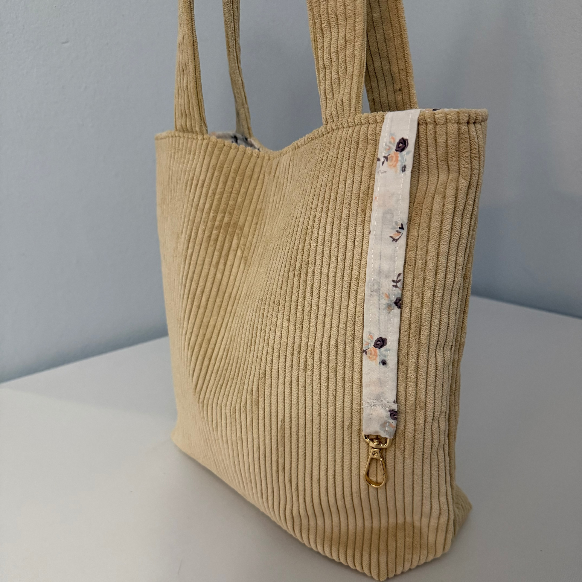 handmade beige corduroy shoulder tote bag for women