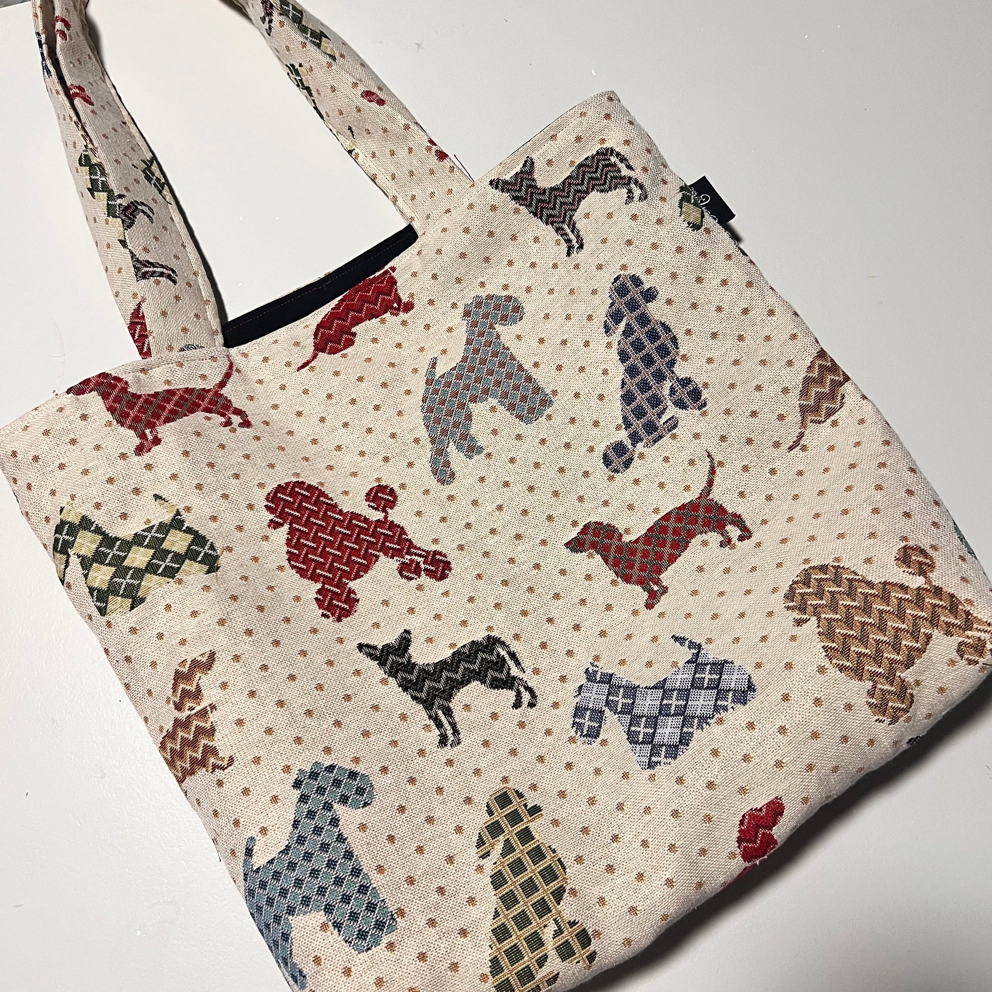 handmade dog tote bag with black interior lining