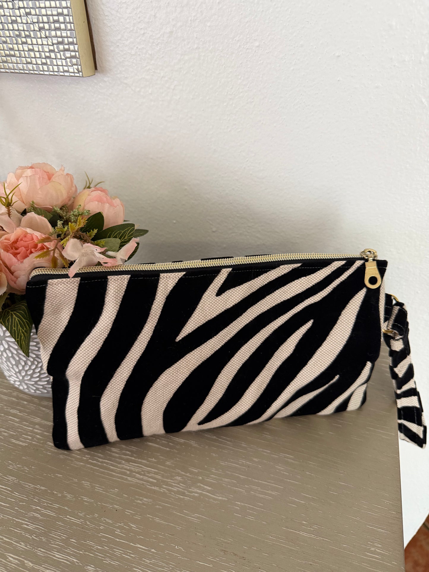 handmade zebra velvet clutch with handle and wrist strap