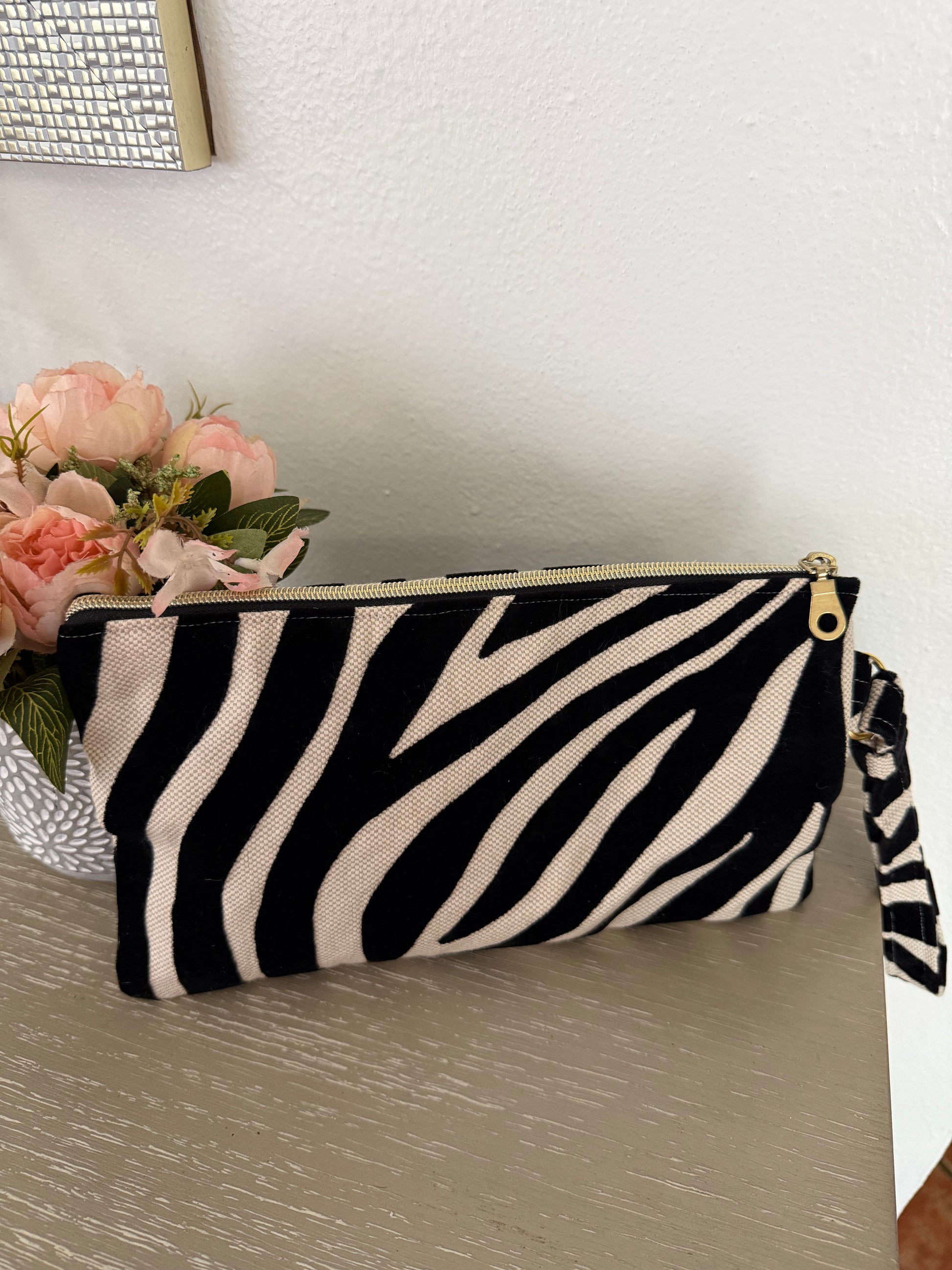 handmade zebra velvet clutch with handle and wrist strap