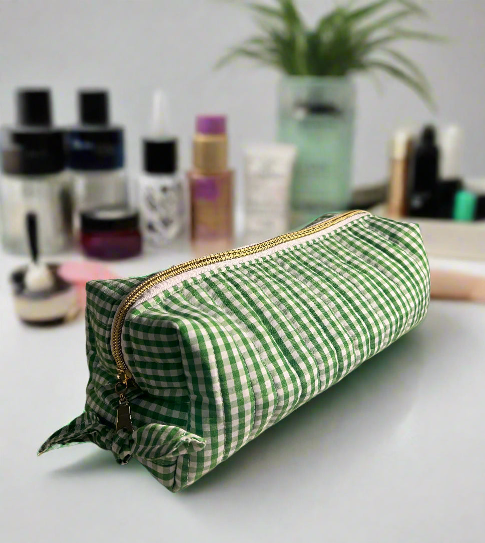 large green gingham makeup bag with gold zipper
