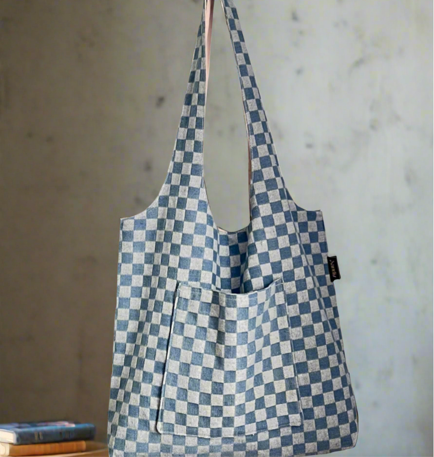 light blue checkered denim side of reversible boho tote