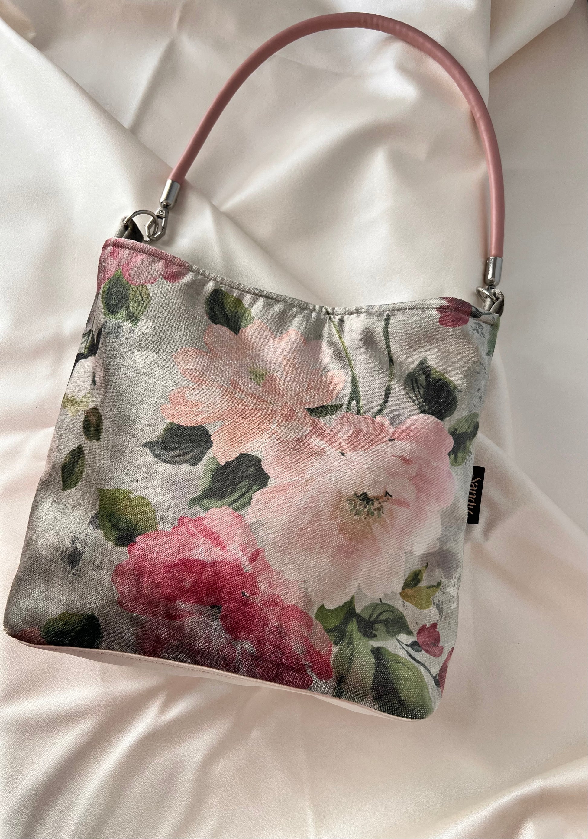 pink floral velvet handbag with vinyl top handle
