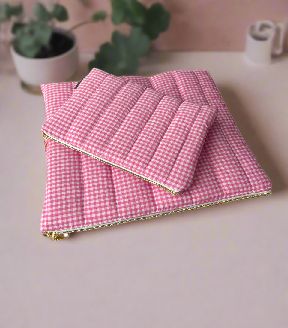 pink gingham laptop sleeve set with gold tone zippers