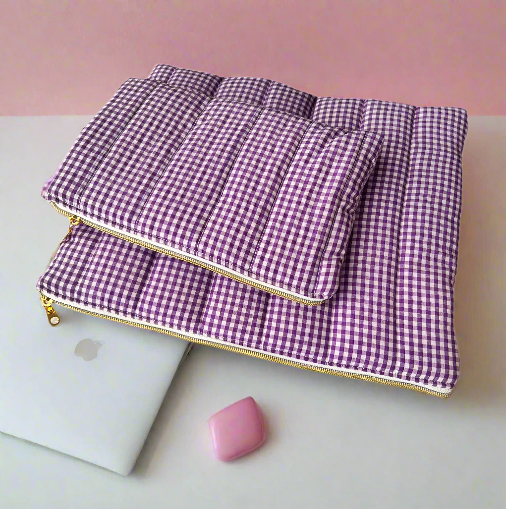 purple quilted gingham laptop sleeve and accessory pouch