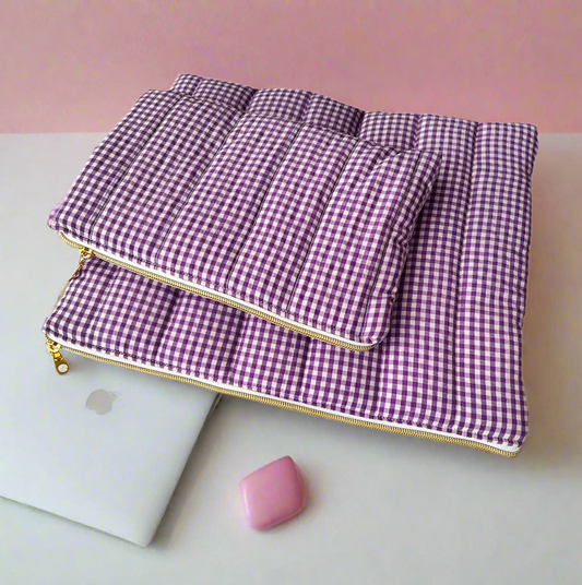 purple quilted gingham laptop sleeve and accessory pouch