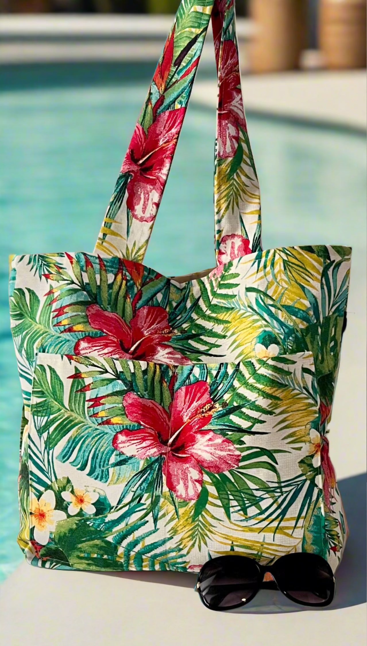 red tropical floral beach tote bag handmade in Puerto Rico