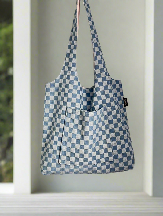 reversible checkered denim tote bag with matching mini wallet