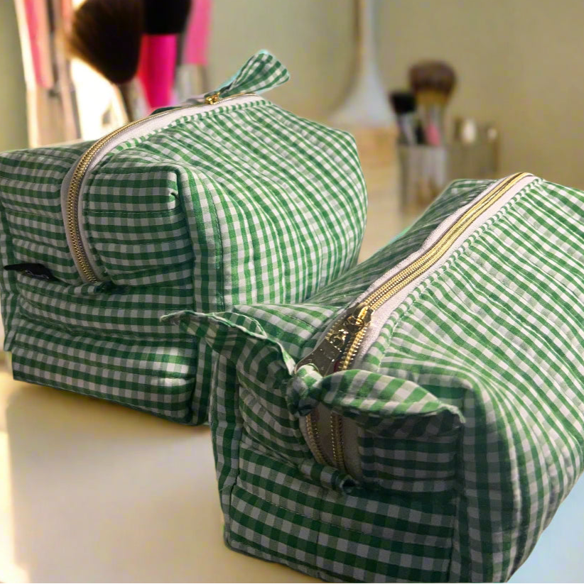 two-piece quilted green gingham cosmetic bag set