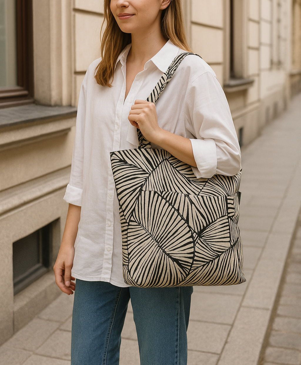 woman carrying handmade botanical tote bag  