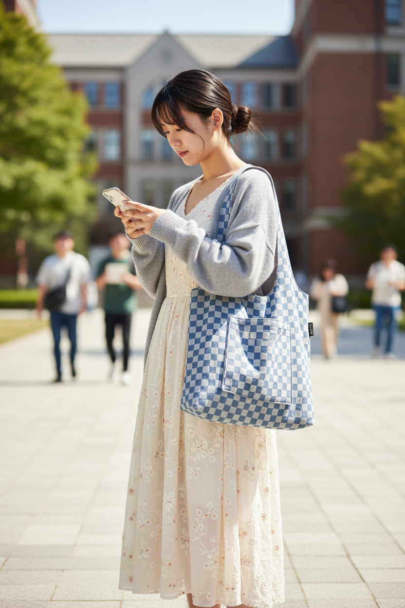 woman carrying light blue checkered denim side of reversible boho tote