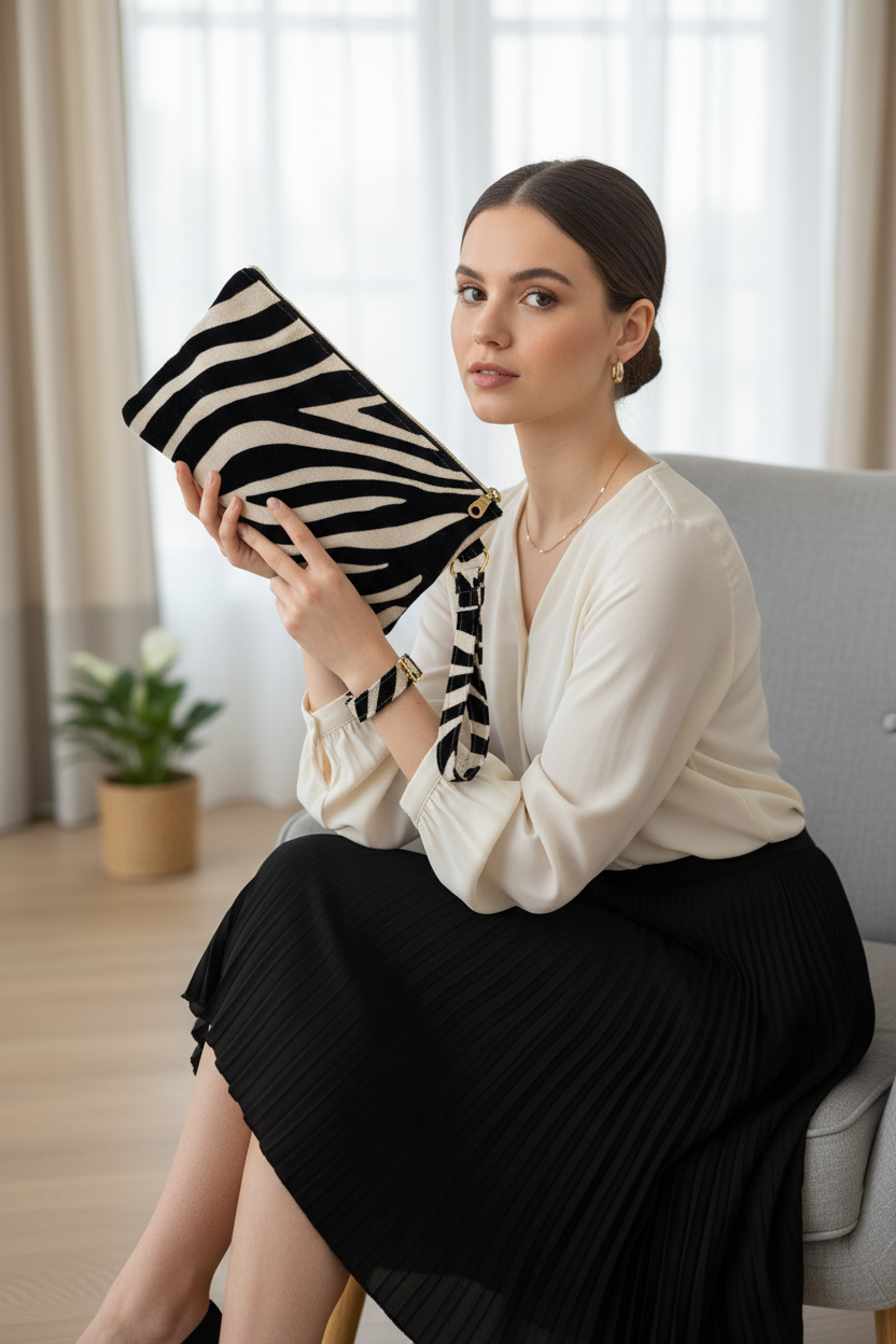 woman holding the gold zipper detail on beige and black velvet clutch