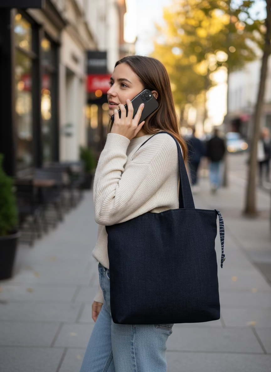 Stylish woman with handmade denim tote bag set from Puerto Rico